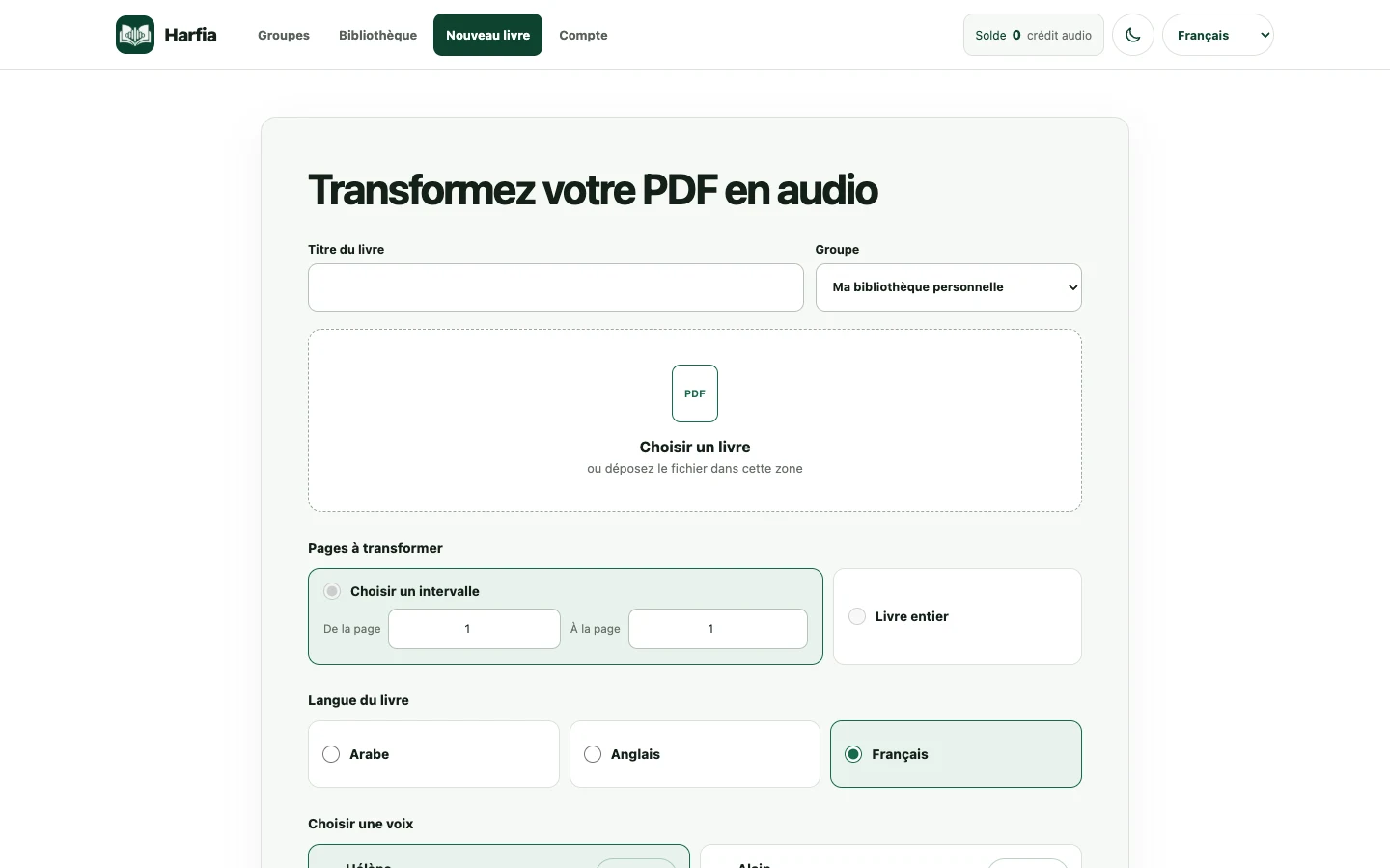 Création d’un livre audio à partir d’un PDF dans Harfia