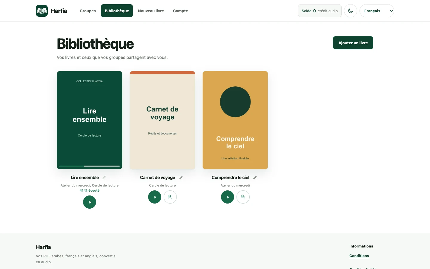 Bibliothèque de livres audio dans Harfia