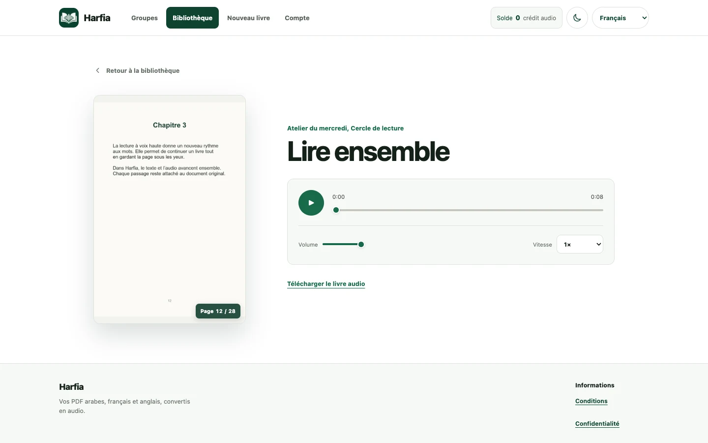 Lecteur Harfia avec une page PDF synchronisée à l’audio